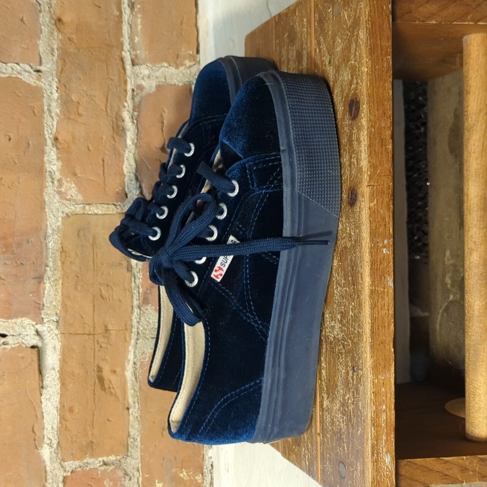 Superga Women's Blue Velvet Platform Sneakers - Picture 2 of 6
